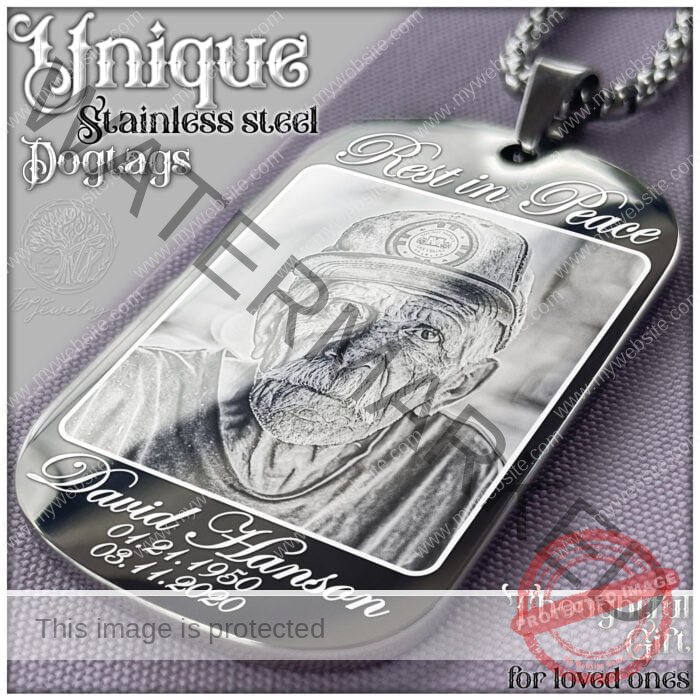 A personalized charm dogtag with engraved text.