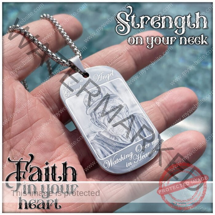 A personalized charm dogtag with engraved text.